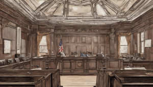 Insurance law court room for a case about an insurance breach of contract and bad faith.