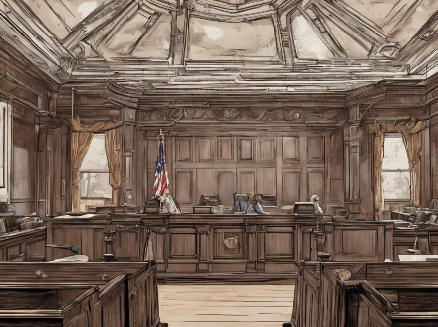 Insurance law court room for a case about an insurance breach of contract and bad faith.